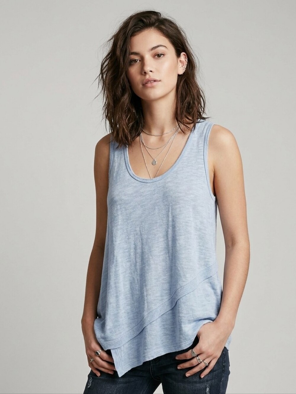 Left of Center (Anthropologie) Blue Asymmetrical Raw-Edge 100%Cotton Tank,Size L